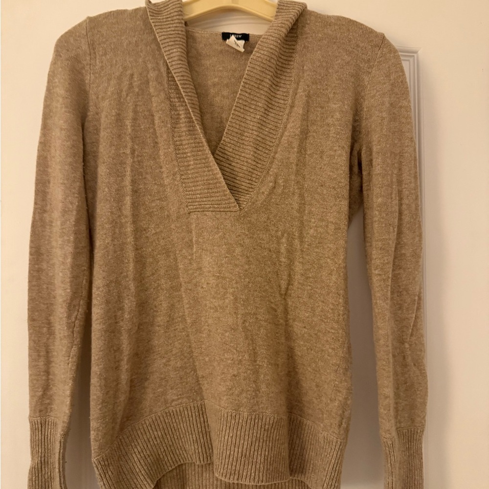 J. Crew Cashmere Wool V-Neck Hoodie Sweater Beige XS Capsule